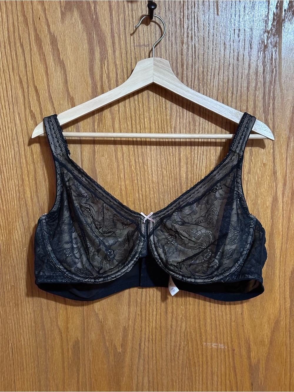 Cacique Black Sheer Lace Underwire Bra with Pink Bow Sz 46C